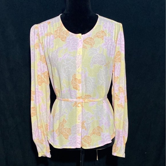 Amuse Tops - Amuse Society S Button Down Shirt‎ Blouse Viscose Pastel Pink Yellow Orange Belt